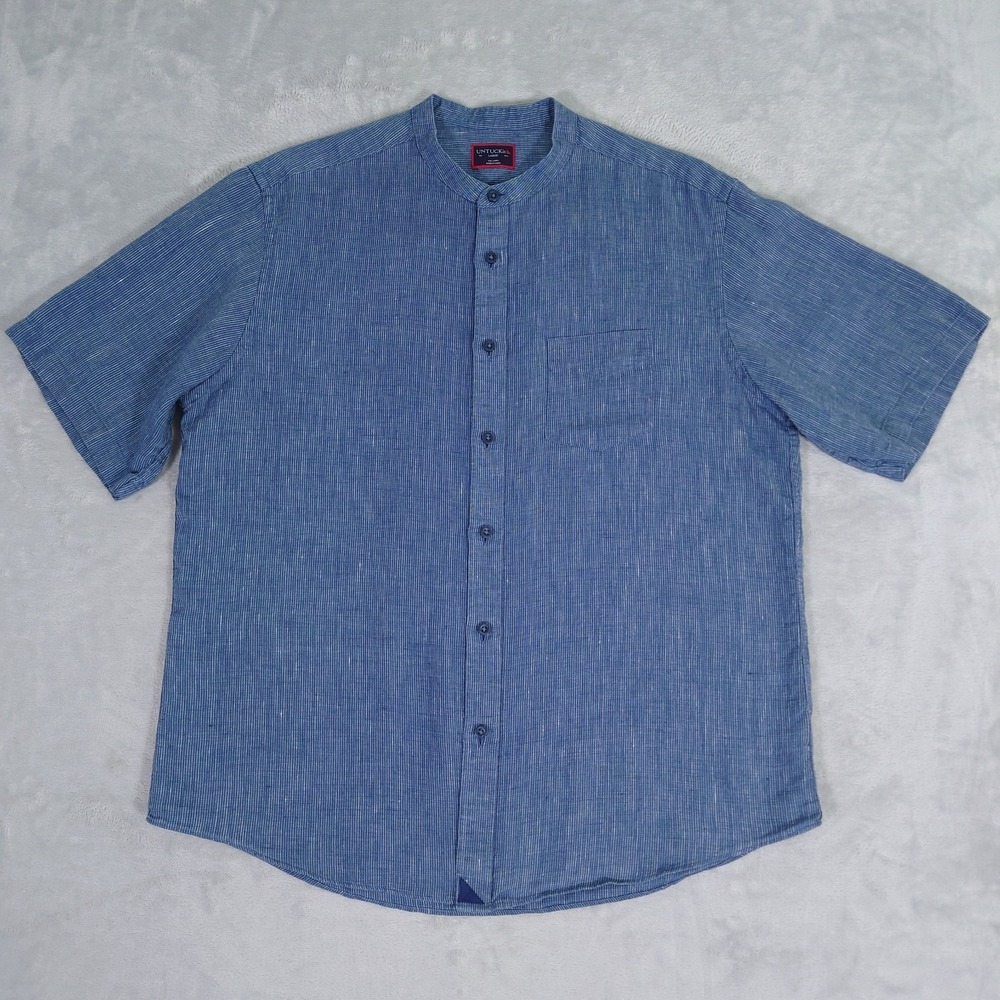 Untuckit 100% Linen Shirt Mens L Canon Special Band Collar Striped Indigo Blue